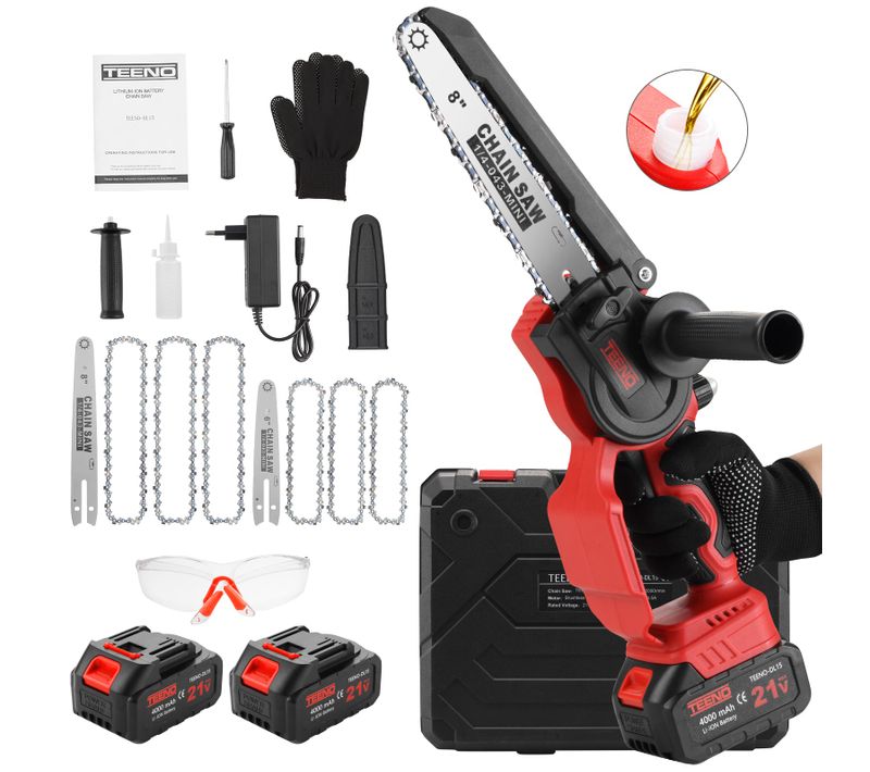 Mini Tronçonneuse Électrique 2-en-1 1000W avec 6 Chaînes et 2 Batteries 4000mAh