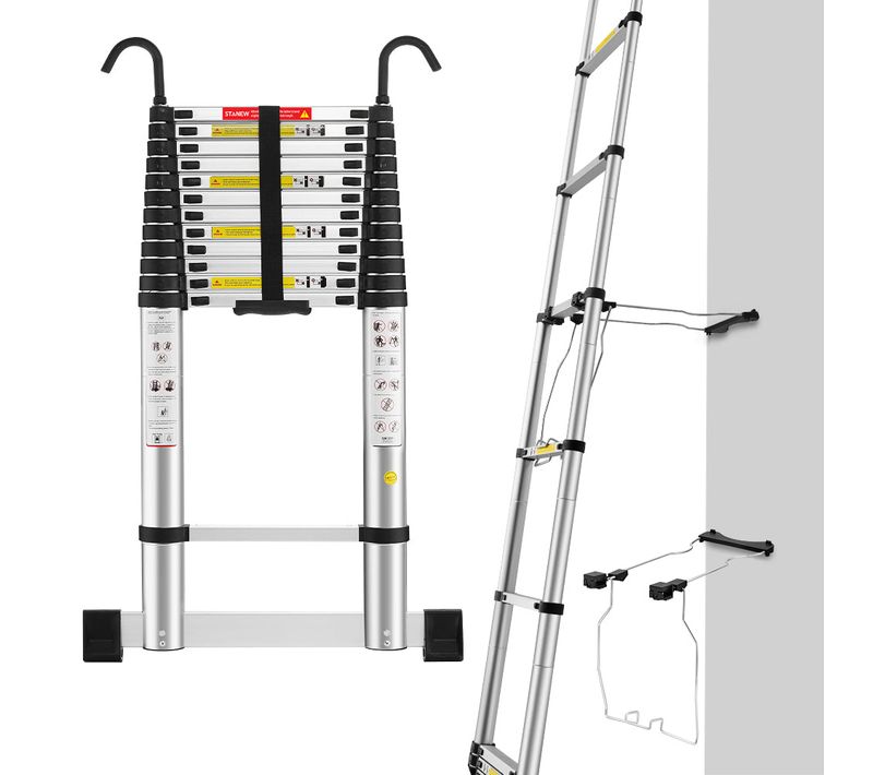 échelle Télescopique Pliante De 5 Mètres Avec Stabilisateurs, Structure En Aluminium, Barres