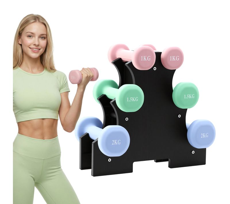 Haltères Néoprène 1kg 1.5kg 2kg Avec Support – Set De 6 Haltères Musculation