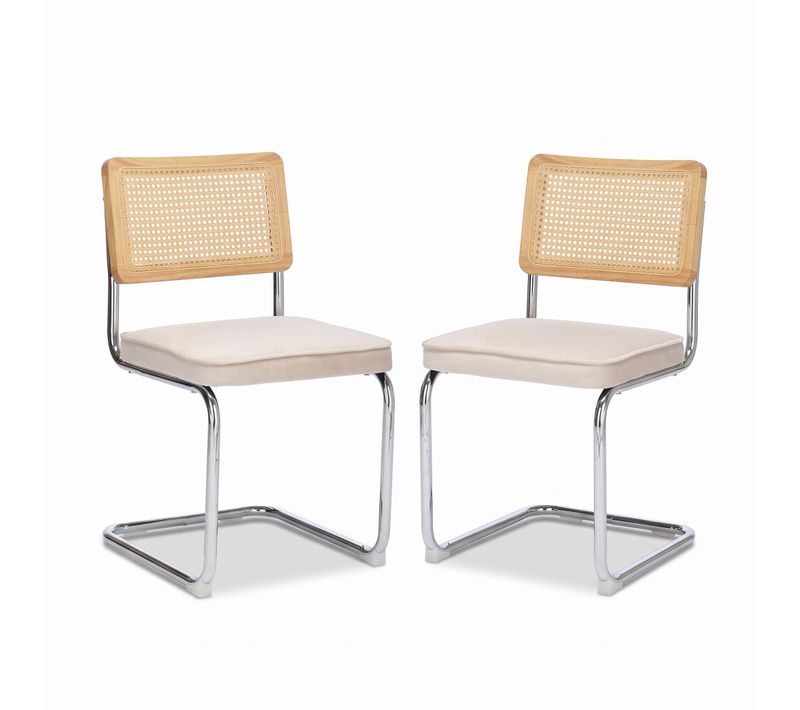 Lot De 2 Chaises Beiges Avec Cannage, Velours Doux Et Structure Cantilever