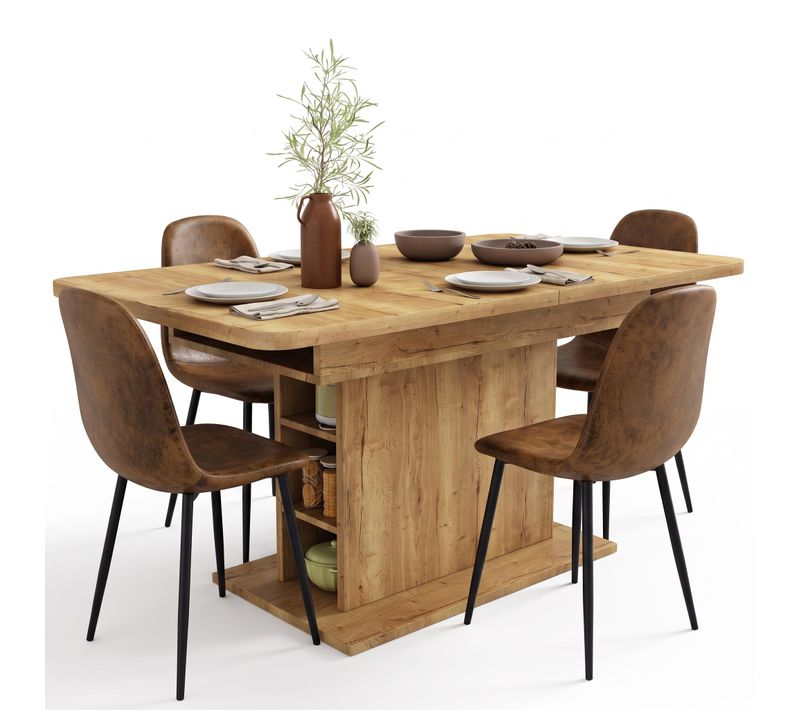 Ensemble Repas 5 Pièces Avec Table Extensible Bois 110-130cm À Rangement Et 4 Chaises En Faux Suède