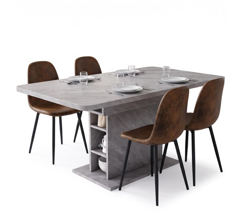 Ensemble Repas 5 Pièces Avec Table Extensible Gris 110-130cm À Rangement Et 4 Chaises En Faux Suède