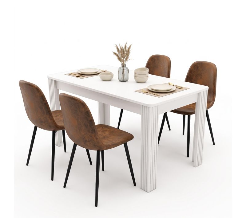 Ensemble Repas 5 Pièces Avec 116cm Table Rectangulaire Et 4 Chaises En Faux Suède,blanc