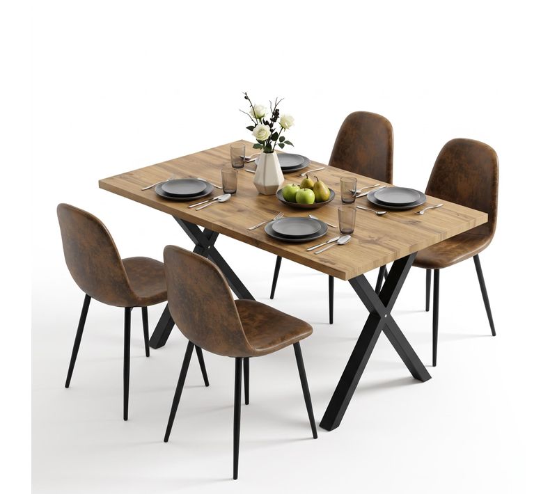 Ensemble Repas 5 Pièces Avec 140cm Table Rectangulaire À Pieds Croisés Et 4 Chaises En Faux Suède