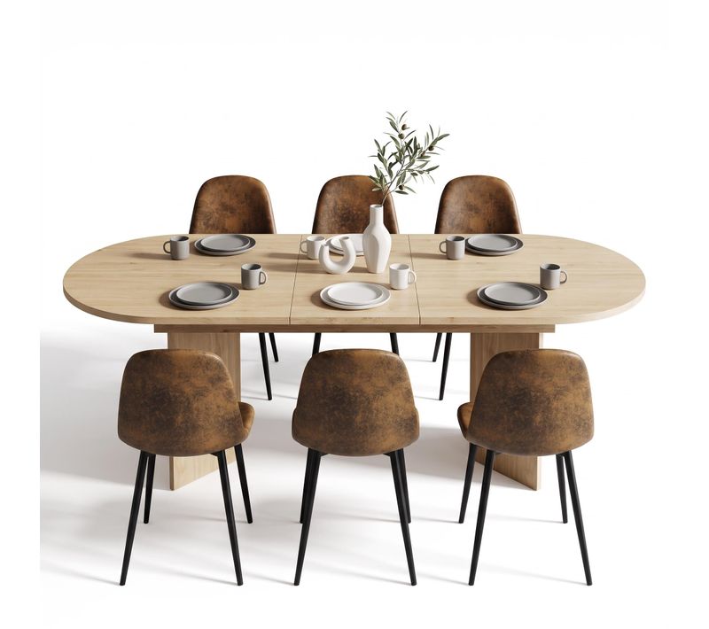 Ensemble Repas 7 Pièces Avec Table Extensible 160-200 Cm Et 6 Chaises En Faux Suède, Bois Clair