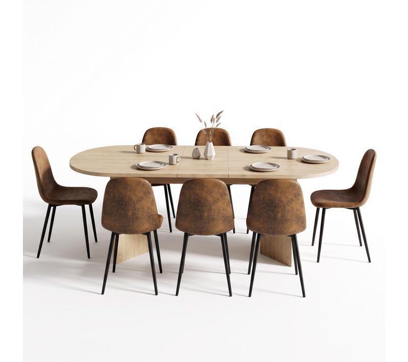 Ensemble Repas 9 Pièces Avec Table Extensible 160-200 Cm Et 8 Chaises En Faux Suède, Bois Clair