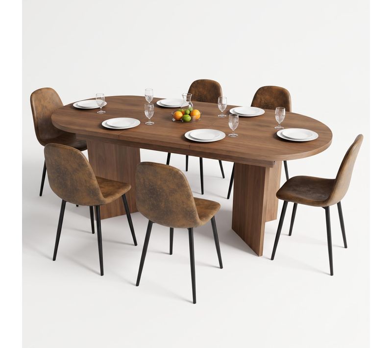 Ensemble Repas 7 Pièces Avec Table Extensible 120-160 Cm Et 6 Chaises En Faux Suède, Bois Foncé