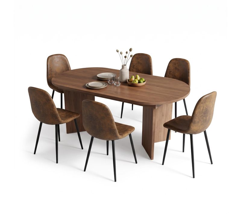 Ensemble Repas 7 Pièces Avec Table Extensible 140-180 Cm Et 6 Chaises En Faux Suède, Bois Foncé