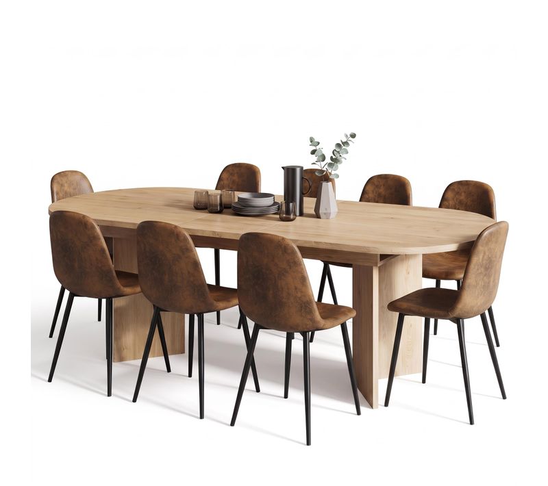 Ensemble Repas 9 Pièces Avec Table Extensible 140-180 Cm Et 8 Chaises En Faux Suède, Bois Clair