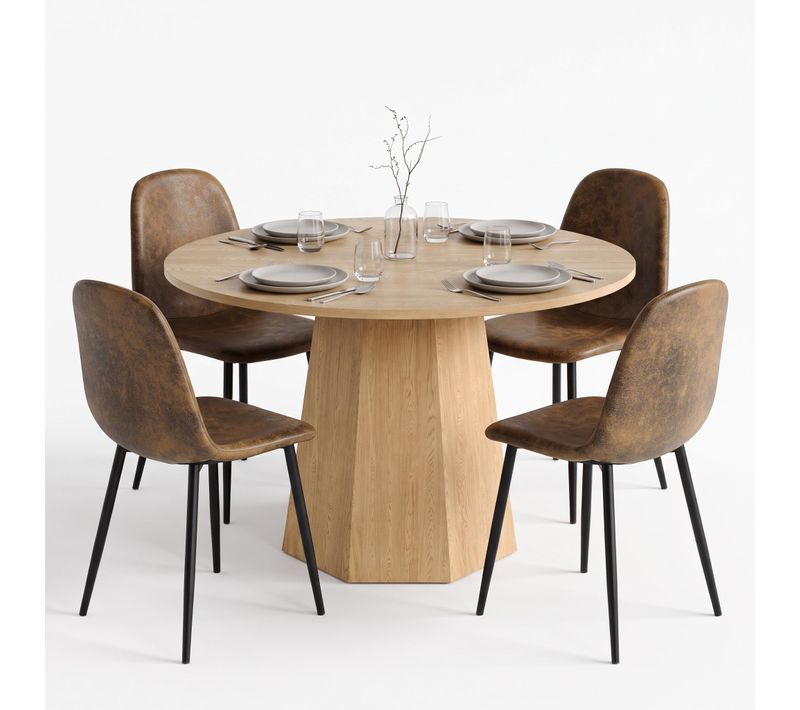 Ensemble Repas 5 Pièces Avec Table Ronde 120 Cm Et 4 Chaises En Faux Suède, Bois Clair, Cercle