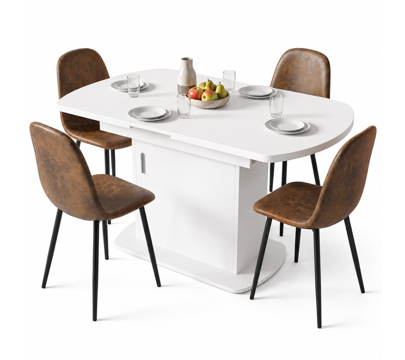 Ensemble Repas 5 Pcs Avec Table Extensible À Rangement 110-130 Cm Et 4 Chaises En Faux Suède, Blanc