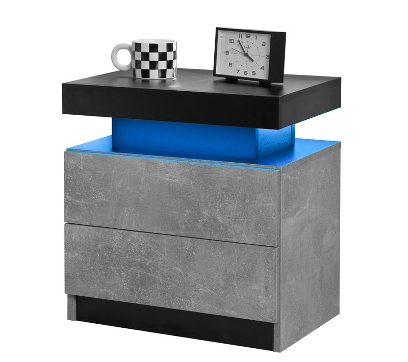 Table De Chevet LED Avec 2 Tiroirs, Lumière Rgb, Contrôle Appli Et Télécommande, Gris