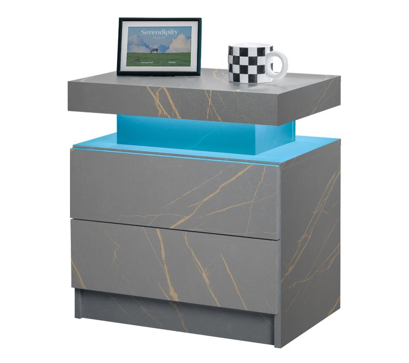 Table De Chevet LED Avec 2 Tiroirs, Lumière Rgb, Contrôle Appli Et Télécommande, Gris Doré