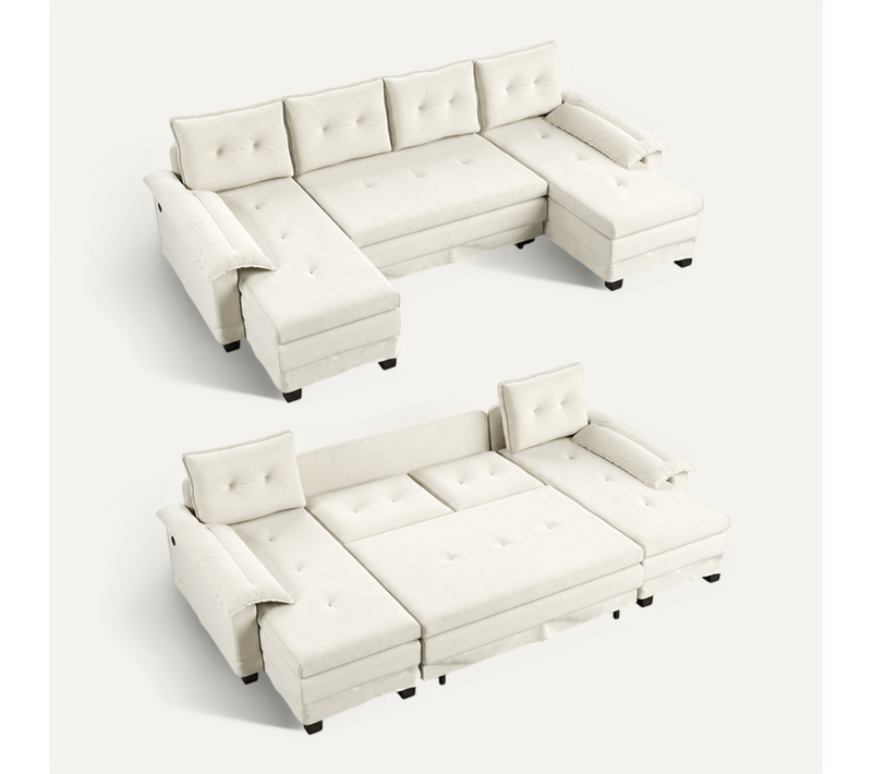 Canapé D’angle Convertible 3 Places Avec Méridienne Et Couchage Intégré 278 X 127 Cm, Beige