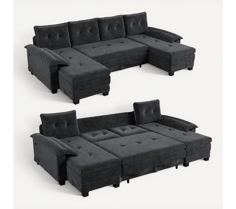 Canapé D’angle Convertible 3 Places Avec Méridienne Et Couchage Intégré 278 X 127 Cm, Gris