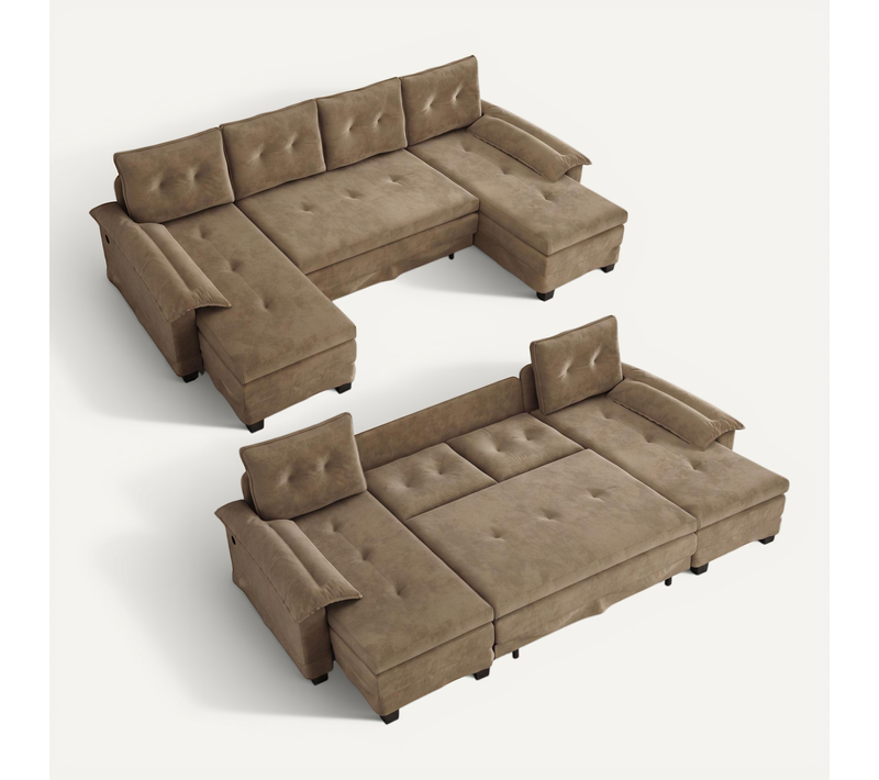 Canapé D’angle Convertible 3 Places Avec Méridienne Et Couchage Intégré 278 X 127 Cm, Khaki