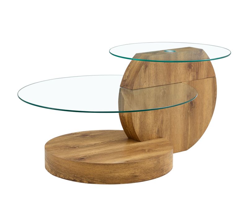 Table Basse Design 90 X 70 X 44 Cm à Double Plateau Rond En Verre Pour Salon, Bois Clair