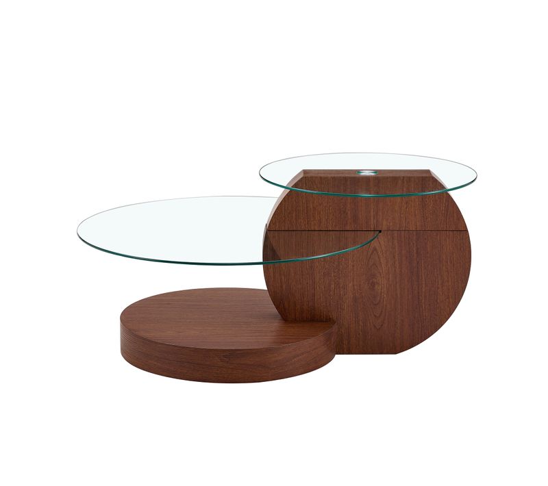 Table Basse Design 90 X 70 X 44 Cm à Double Plateau Rond En Verre Pour Salon, Bois Noix