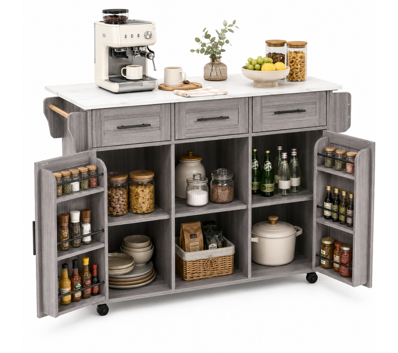 Îlot De Cuisine Mobile Avec Plan De Travail Rabattable 120x71 Cm, Rangement Tiroirs, Gris