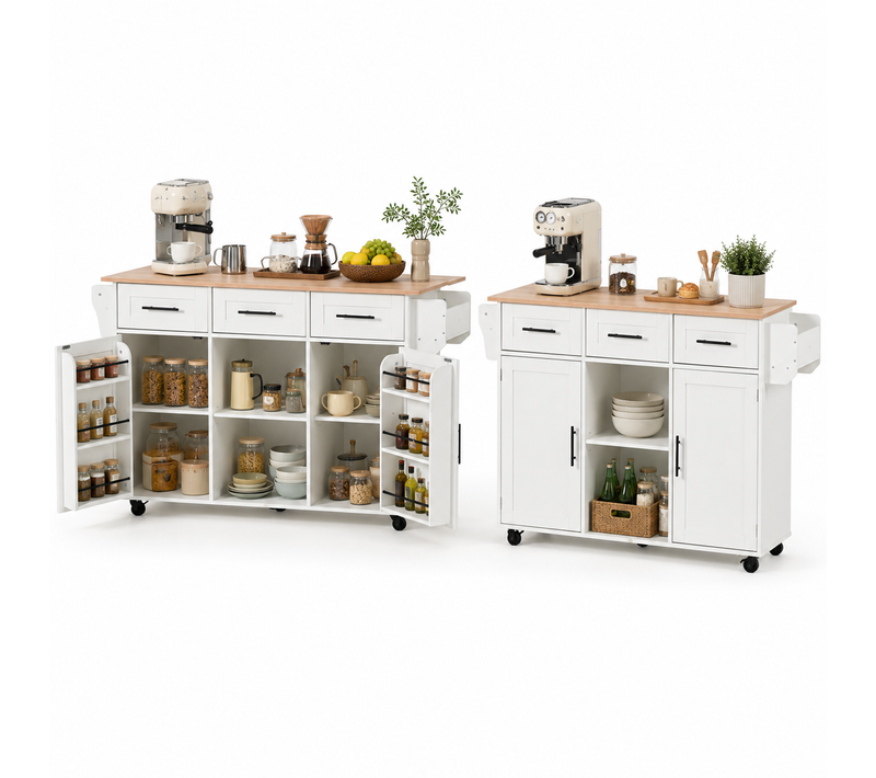 Îlot De Cuisine Mobile Avec Plan De Travail Rabattable 120x71 Cm, Rangement Tiroirs, Blanc