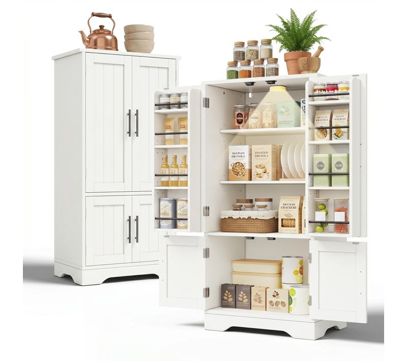 Buffet De Cuisine 60x40x120,5cm Avec LED, 3 étagères Réglables, 4 étagères Intégrées Portes,blanc