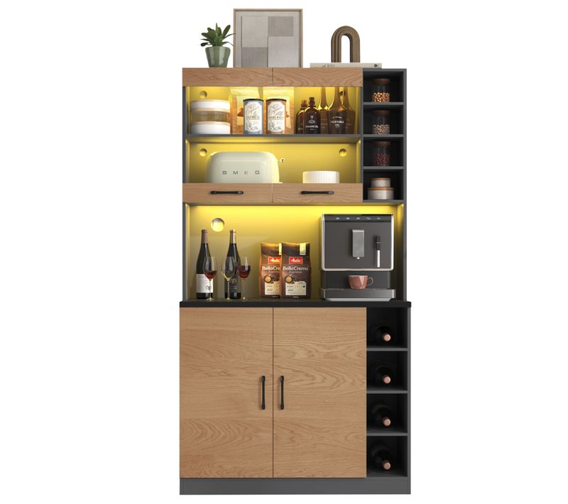 Buffet De Cuisine 100x45x185 Cm Avec étagères, Portes Vitrées Et LED Contrôlables, Bois Clair