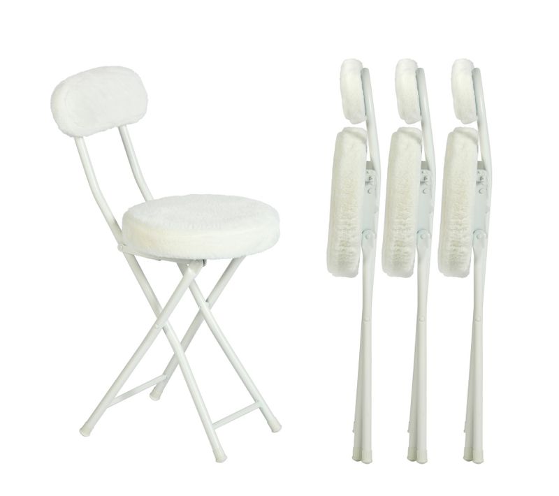 Lot De 4 Chaises Pliante Tabourets Pliable Coussin Rond En Fourrure Avec Dossier, Blanc