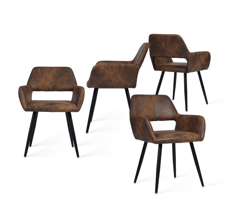 Lot De 4 Chaises De Salle À Manger Fauteuil Vintage Assise Rembourrée En En Suédine, Marron