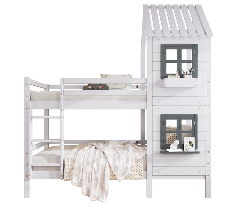 Lit Superposé Cabane Avec Escalier Et Fenêtres 90 X 200 Cm Blanc