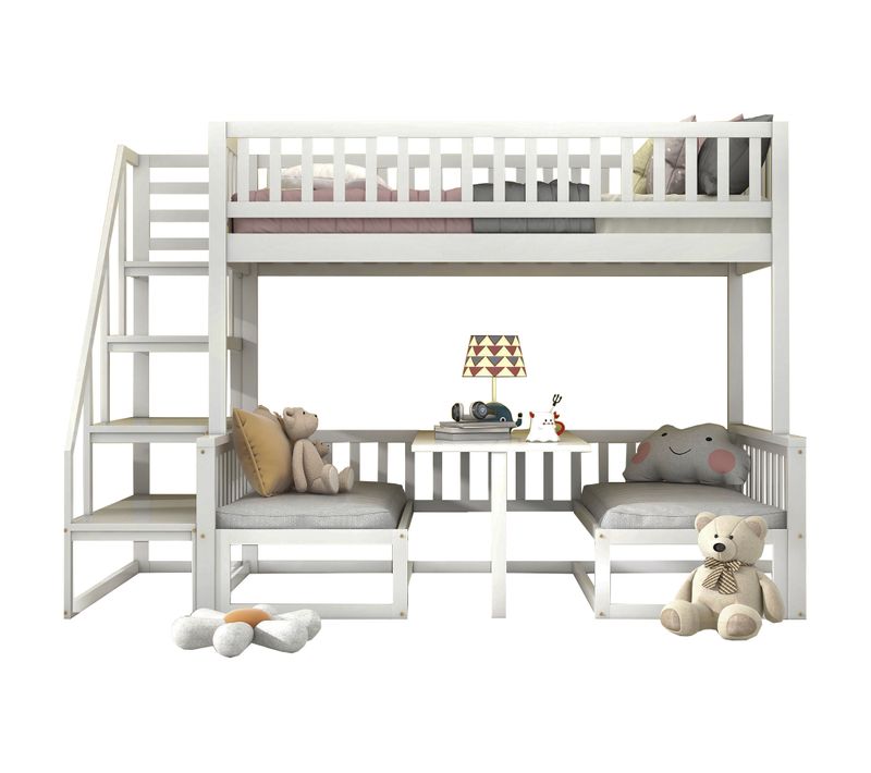 Lit Superposé Avec Escalier, Transformable En Coin Bureau,90x200 Cmet120x200 Cm, Blanc
