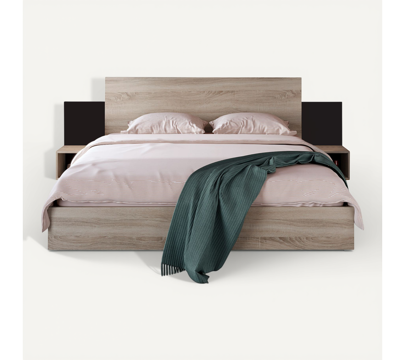 Lit 160 X 200 Cm Avec 2 Table De Chevet Tête De Lit Et Sommier Chêne/gris Foncé