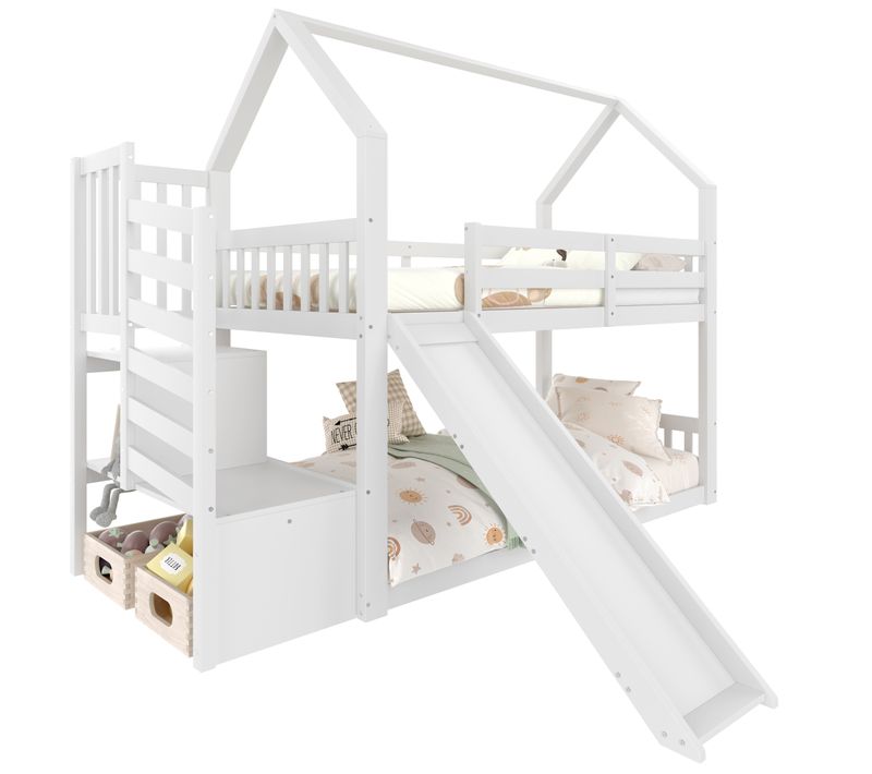 Lit Mezzanine Avec Toboggan Cabane 90 X 200 Cm Blanc