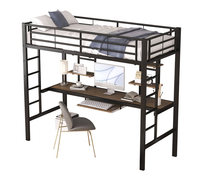 Lit Mezzanine Avec Bureau Et Bibliothèque 90 X 200 Cm Noir