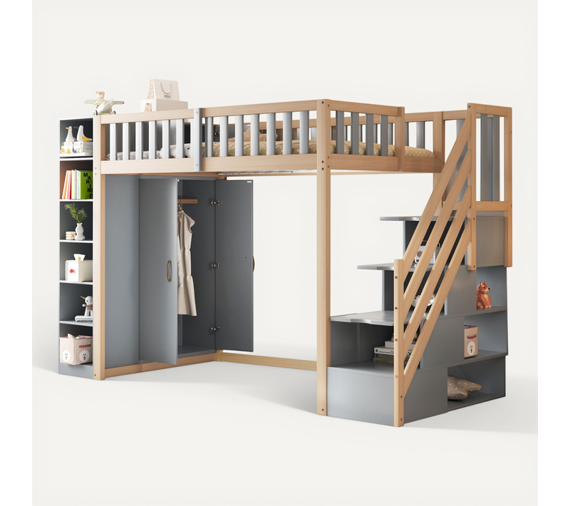 Lit Mezzanine 90 X 200 Cm Avec Escalier De Rangement. Armoire Et Étagères à Plusieurs Niveaux gris