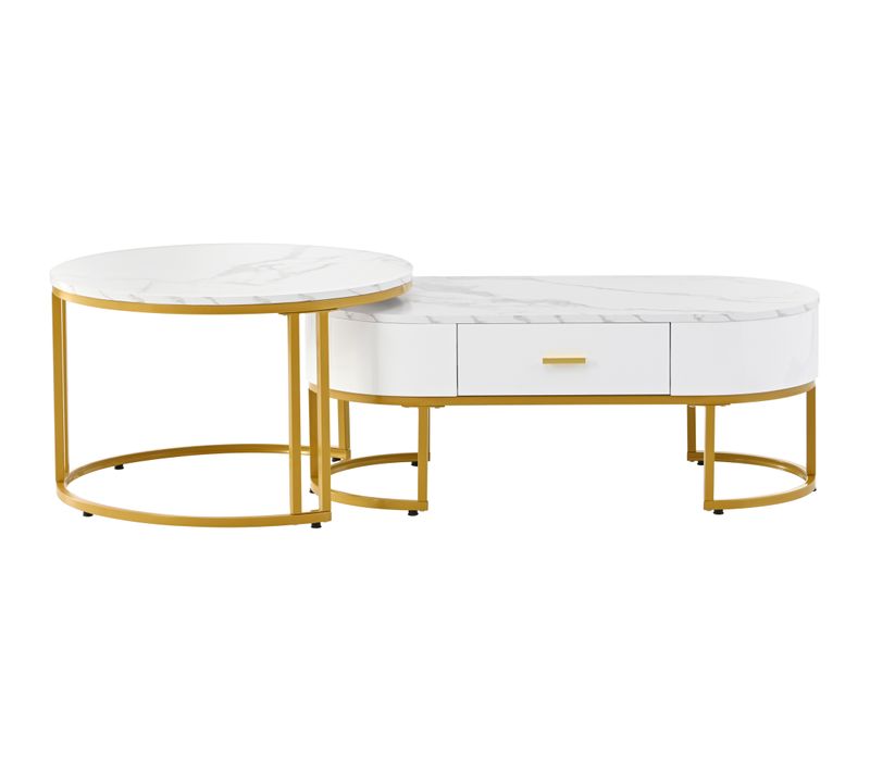 Lot De 2 Tables Basses Double Gigogne Blanc - Rondes Ø 70 Cm - Ovale 100 Cm