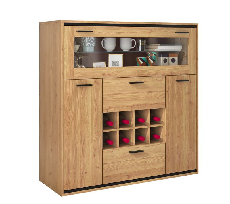 Bar LED 2 Portes 8 Casiers à Bouteilles Décor Chêne Et Métal Noir