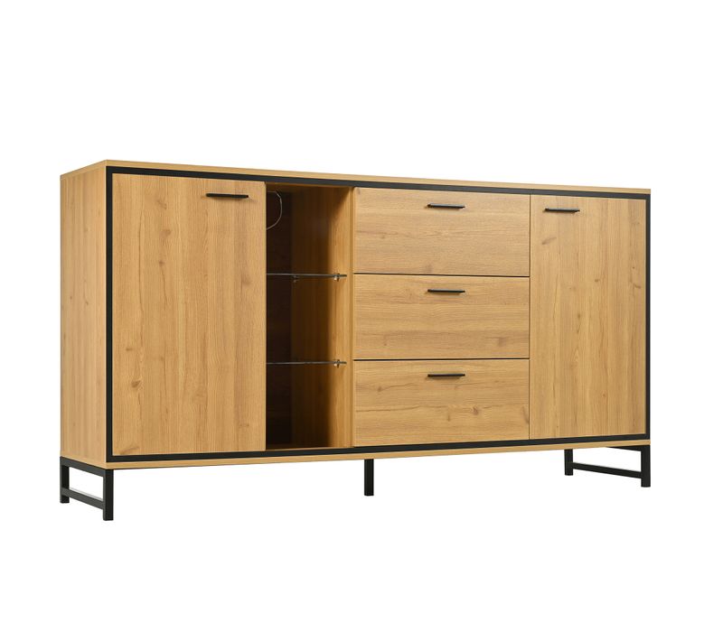 Buffet Rangement Commode LED 3 Tiroirs 2 Porte Imitation Chêne Et Métal Perforé