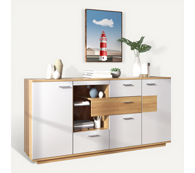 Buffet Rangement Commode LED 4 Tiroirs 2 Porte En Blanc Et Imitation Chêne