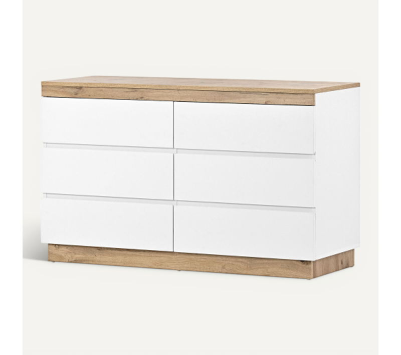 Buffet Rangement Commode 6 Tiroirs Blanc + Oak