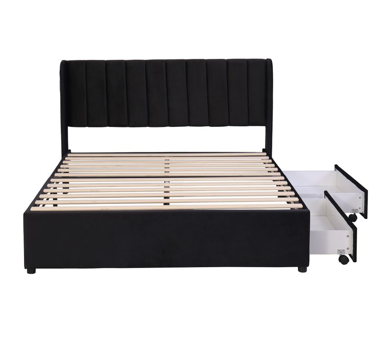 Lit Capitonné Double 140 X 200 Cm  En Velours Avec 2 Tiroirr, Sommier à Lattes Inclus, Noir