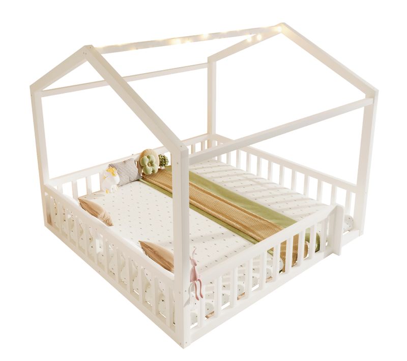 Lit Cabane Enfant Avec Barrière Et LED 90x190 Cm En Bois De Pin Blanc Séparable