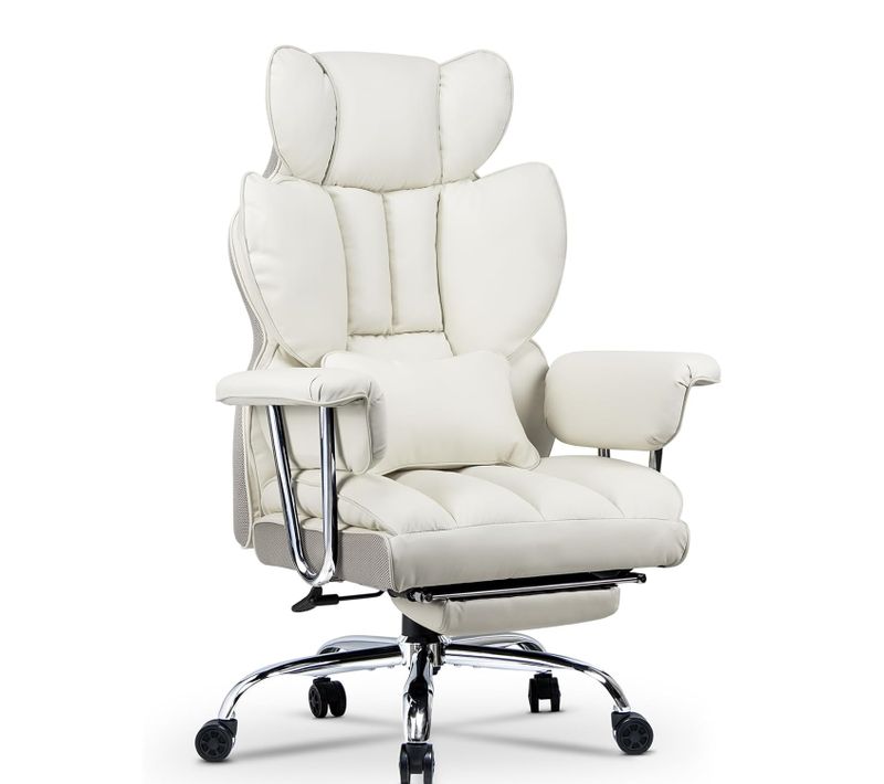 Chaise De Bureau Ergonomique Haute Dossier En Cuir Pivotante Avec Repose-pieds-blanc