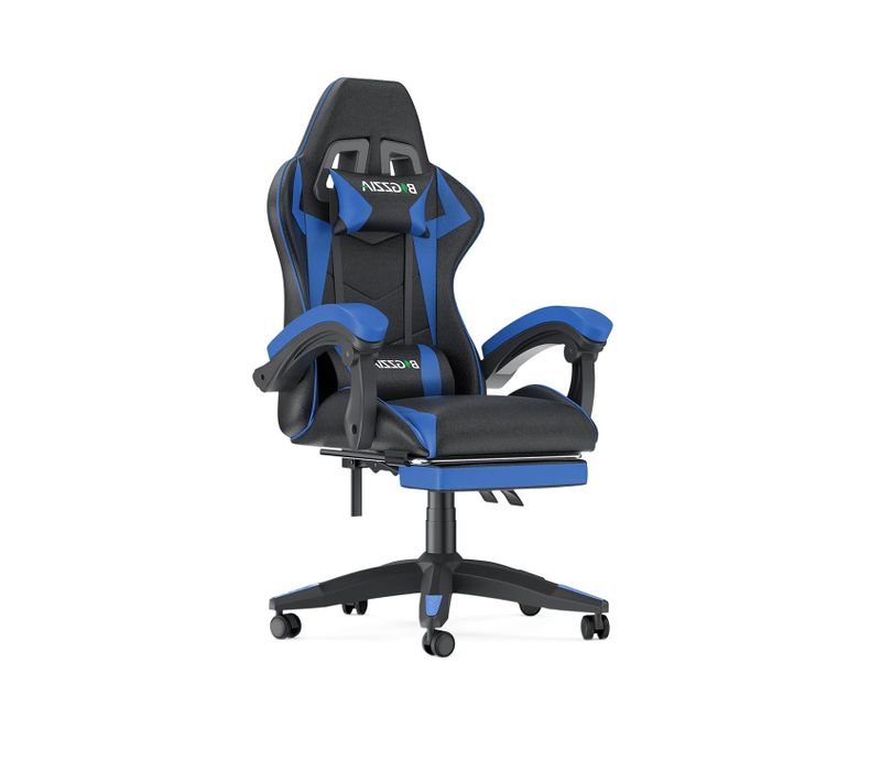Fauteuil Gaming Ergonomique Avec Repose-pieds, Coussin Lombaire, Appui-tête, Réglable - Noir Et Bleu