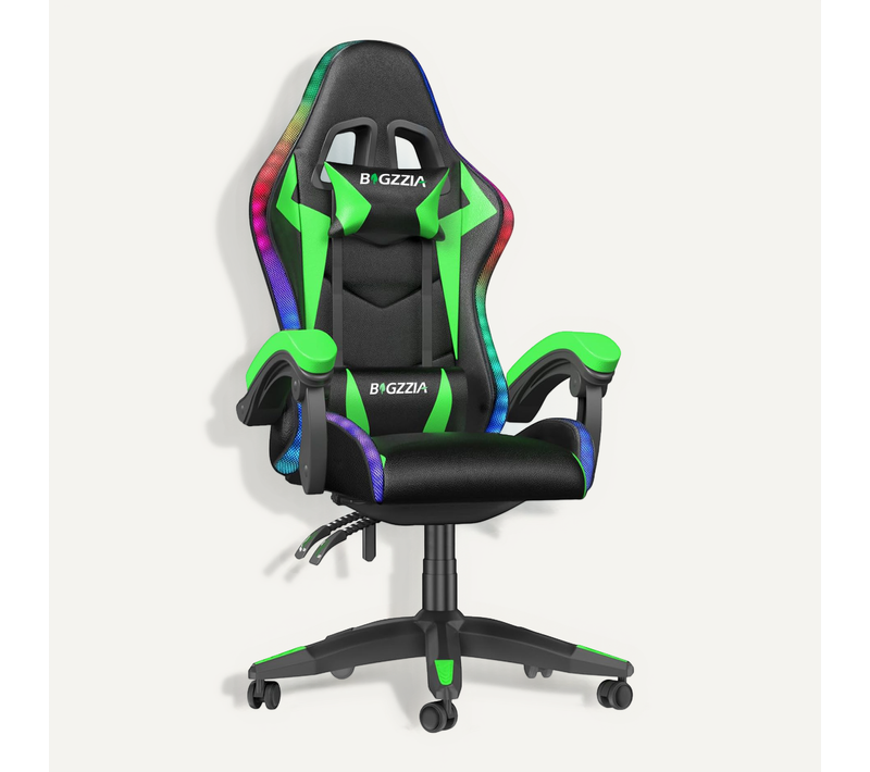 Fauteuil Gaming Ergonomique LED, Dossier Réglable, Support Lombaire Et Appui-tête - Noir Et Vert
