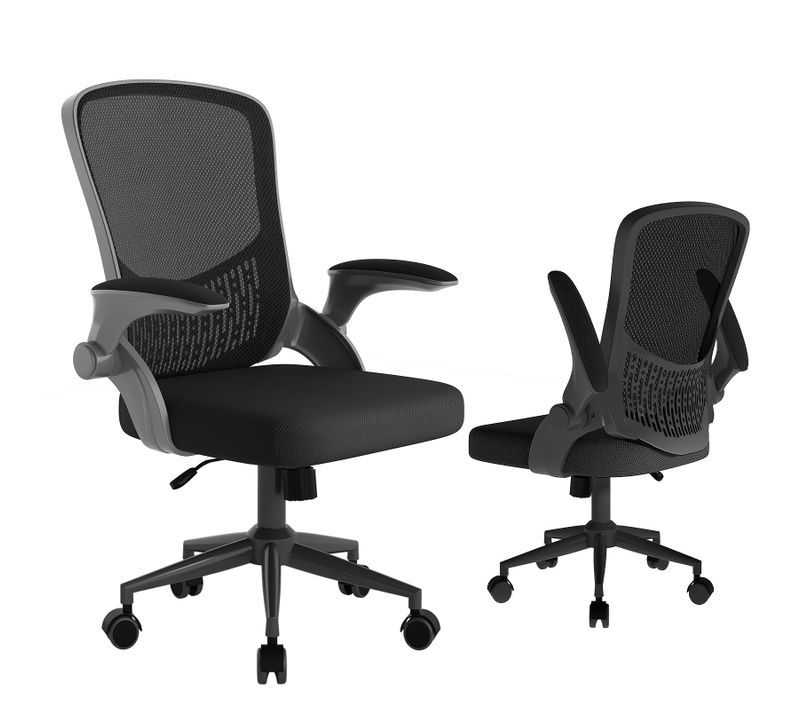 Chaise De Bureau Avec Accoudoirs Pliables, Réglable En Hauteur, Dossier Respirant - Noir