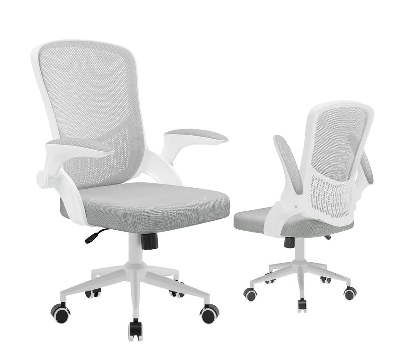 Chaise De Bureau Avec Accoudoirs Pliables, Réglable En Hauteur, Dossier Respirant - Gris