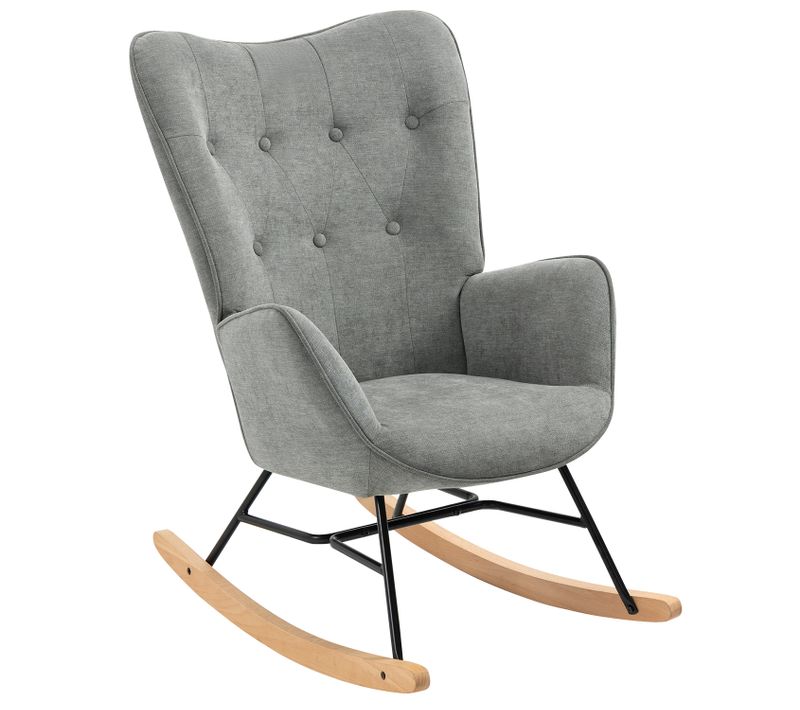 Fauteuil À Bascule Rocking Chair Scandinave En Tissu Avec Pieds En E' Bois Métal, Gris