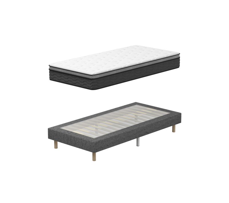 Ensemble Matelas ressort ensachés 90x200cm Epaisseur 25cm + Sommier tapissier gris, 6 pieds fournis