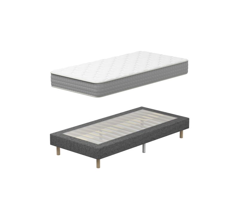 Ensemble Matelas ressort ensachés 90x200cm Epaisseur 20cm + Sommier tapissier gris, 9 pieds fournis