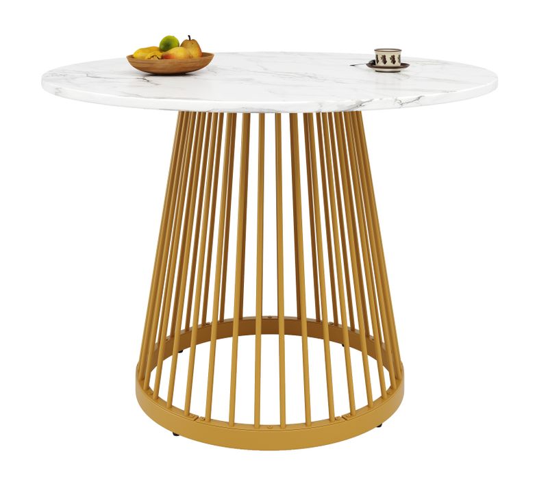 Table à Manger Ronde 80cm 4 Personnes Table De Cuisine Mdf Moderne Pieds Métal Doré